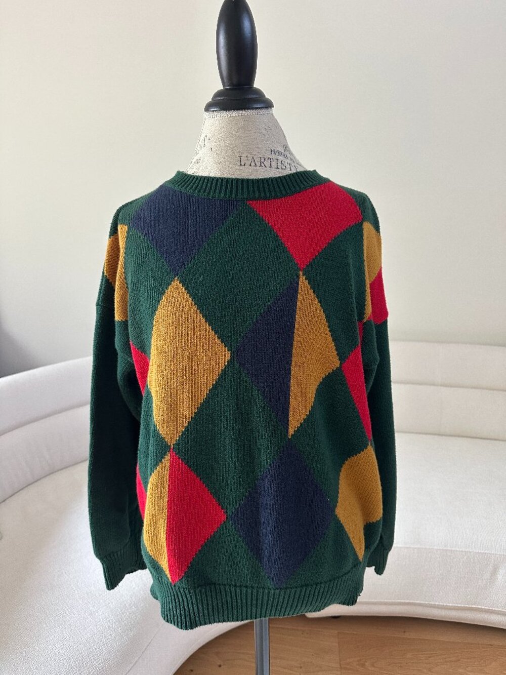 Vintage 90s Class 955 Argyle Sweater L 100% Cotton Oversized Geometric Preppy